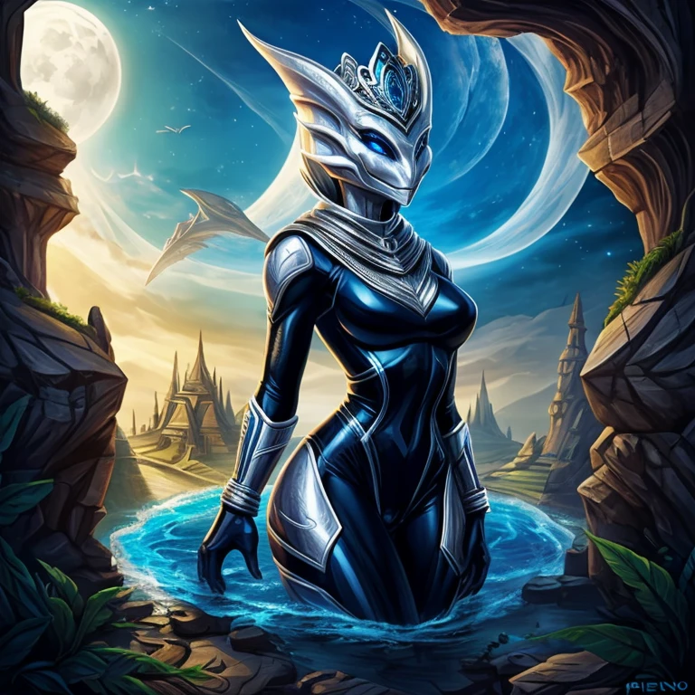 alien feminino, reptiliano drakoniani feminino, bodysuit branco (sensual e provocante, semitransparente), luvas de batalha brancas, corpo bem definido, correct genitalia, silver tiara on the head, numa nave especial, olhar encantador e gentil