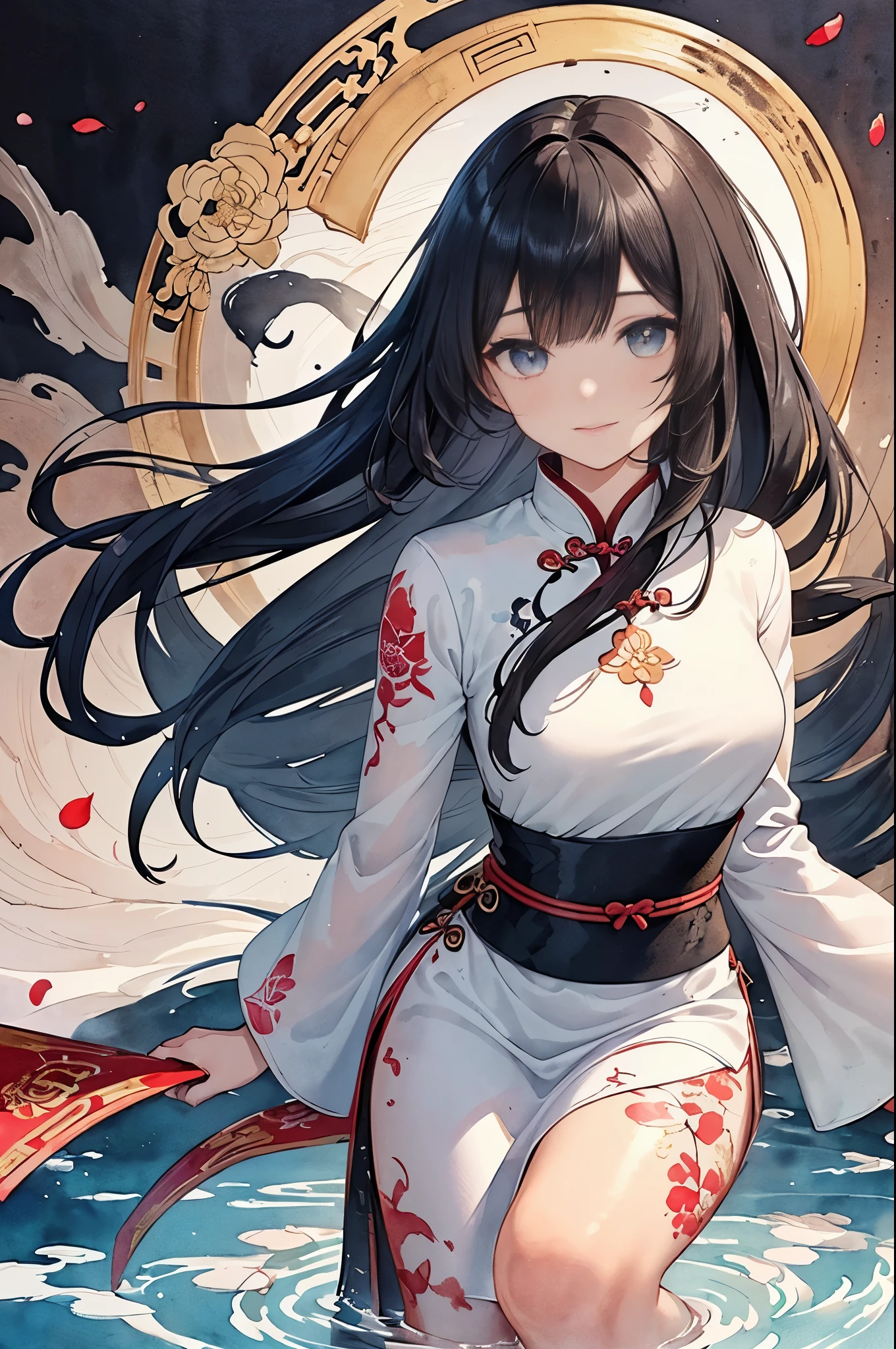 (full body)(best detailed girl),(1girl),(black hair),(solo),((extremely detailed)),((detailed face)),((((ink painting)))),illustration,((Chinese ink painting)),(((masterpiece))),(((best quality))),((((Ink dyeing)))),(((Watercolor))),((Chinese Brush Painting)),(((extremely delicate and beautiful girls)))),ultra-detailed,(((beautiful detailed eyes))),(cheongsam),(Chinese style),((red ink)),smile,ink background,long hair,beautiful detailed eyes,beautiful detailed hair,petals,(((soaked))),((((floating hair)))),(((The character is in the center of the frame))),(((flowing))),