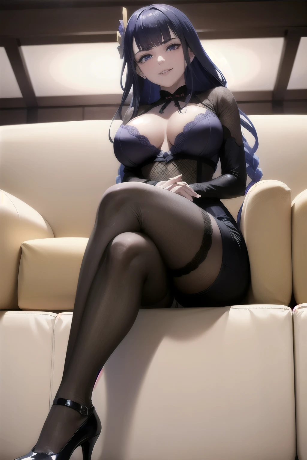 (Raiden Shogun_genshin) Long purple hair, purple eyes,  smile, fierce gaze, big braids, short-sleeved white shirt, arms crossed, big breasts, pencil skirt, sitting, red sofa, legs crossed,  wearing high heels, black lace stockings, big hips, 
(View from below)