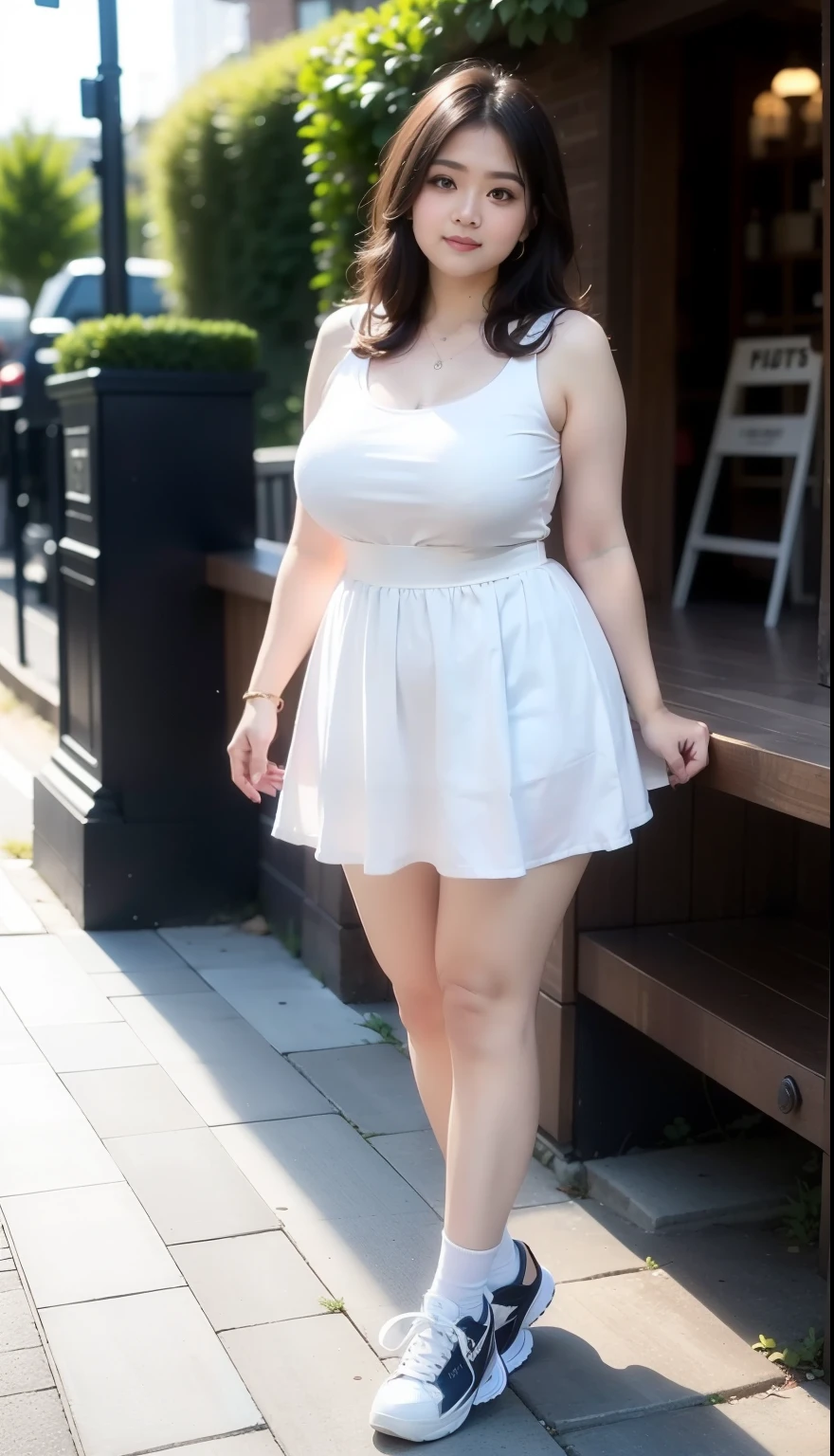 ((best quality)), ((masterpiece)), (detailed), perfect face, wanita chubby dewasa, wearing thight dress and thight skirt, chubby cheeks, chubby arm, chubby thighs, big breasts, wearing a sneakers, medium hair style, full body photoshoot, tattooed body 