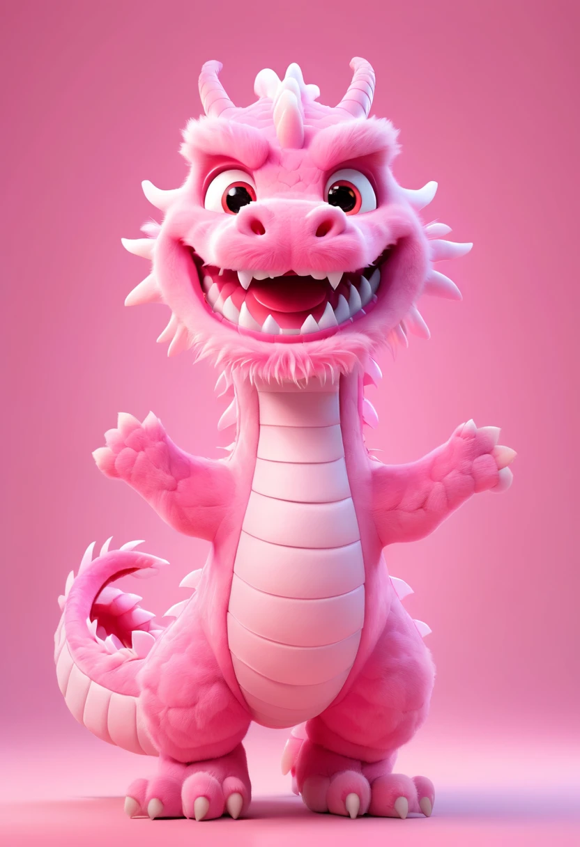 Pixar animation style, a pink red Chinese dragon, made of cotton candy material, with a happy expression. The background of the ID photo is pink, with a half side composition. Standing, the whole body is centered, hard light, strong light sense, c4d, 8k, high-definition quality 