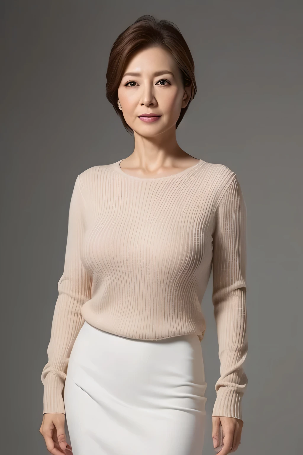 High resolution, High level image quality, high detail, masterpiece, rough skin, anatomically correct, sharp, gray background((japanese mature, 60 years old)), alone, ((facial wrinkles)), good shape big breasts, Straight light brown hair that reaches to the shoulders, Chubby body type (((stand upright, facing the center of the screen.))), Close your mouth and look straight ahead with a serious face, See-through white tight dress,sweater, skirt, ((cowboy shot)),