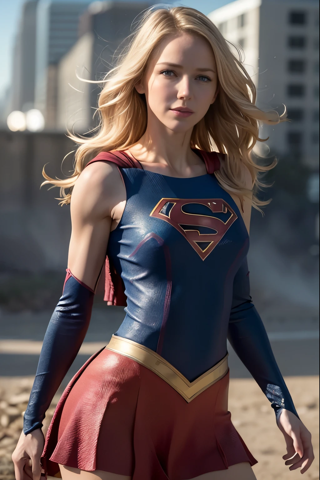 Naomi Watts, 8k, best quality, real image, intricate details, ultra-detailed, ultra highres, depth field, (photorealistic, realistic: 1.2), masterpiece, photo of 1girl, supergirl, superhero, whole body, realistic, blue eyes, blonde hair, lips, long hair, solo, ruined city background, best quality, realistic,  photorealistic, (intricate details: 1.2), (delicate detailed), (cinematic light), clear line, sharp focus, realistic face, detailed and beautiful face