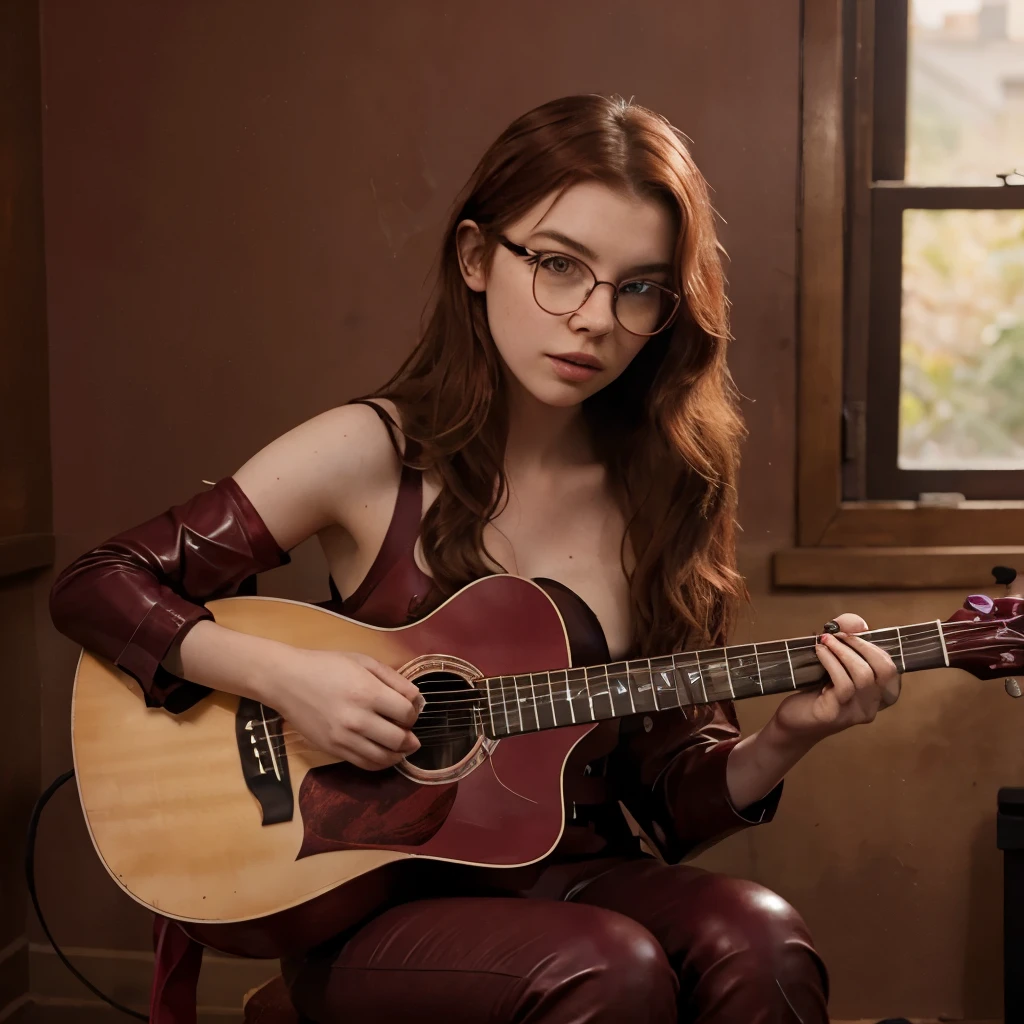 Anya Taylor Joy with red wavy shoulder length hair, freckles and glasses, wearing burgundy leather pants and a burgundy heart-shaped bra, learning to play guitar