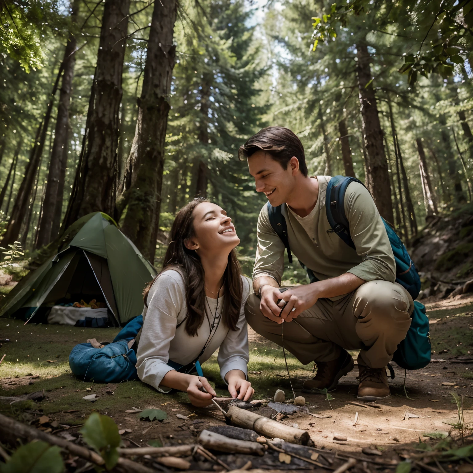 (best quality,4k,highres,masterpiece:1.2),ultra-detailed,realistic,photorealistic:1.37,nature,forest,adventure,couple,lovers,a girl and a boy,exploring the woods,beautiful detailed eyes,beautiful detailed lips,romantic atmosphere,hiking,camping,fresh air,green foliage,sunlight filtering through the trees,soft shadows,peaceful and serene,majestic trees,tall grass,sparkling stream,clear blue sky,adventurous spirit,hand in hand,smiling with joy,backpacks and hiking gear,gentle breeze,birds chirping,glistening leaves,moss-covered rocks,cozy campfire,roasting marshmallows,star-filled night sky,wildlife sounds,exploring hidden trails,love and connection,whispering secrets,discovering hidden treasures,in awe of nature's wonders.