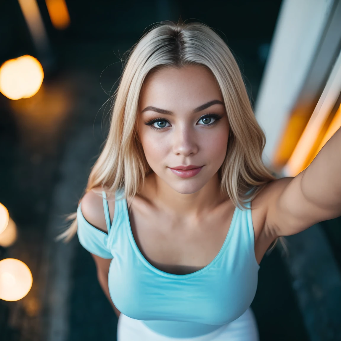 (selfie, top view: 1.4), (straight half of the body: 1.4), RAW UHD portrait photo of a 24-year-old blonde (light blue-eyed woman) walking down a dark alley, large breasts, full body , city at night, (white crew neck t-shirt skirt), (neckline), details (textures! , hair! , glitter, color!! , disadvantages: 1.1), glossy eyes with high detail (looking at the camera), SLR lighting, SLR camera, ultra-quality, sharpness, depth of field, film grain (center), Fujifilm XT3, crystal clear, frame center, beautiful face, sharp focus, street lamp, neon lighting, bokeh (dimly lit), night, (night sky), detailed skin pores, oily skin, sunburn, complex eye details, full body, large breasts