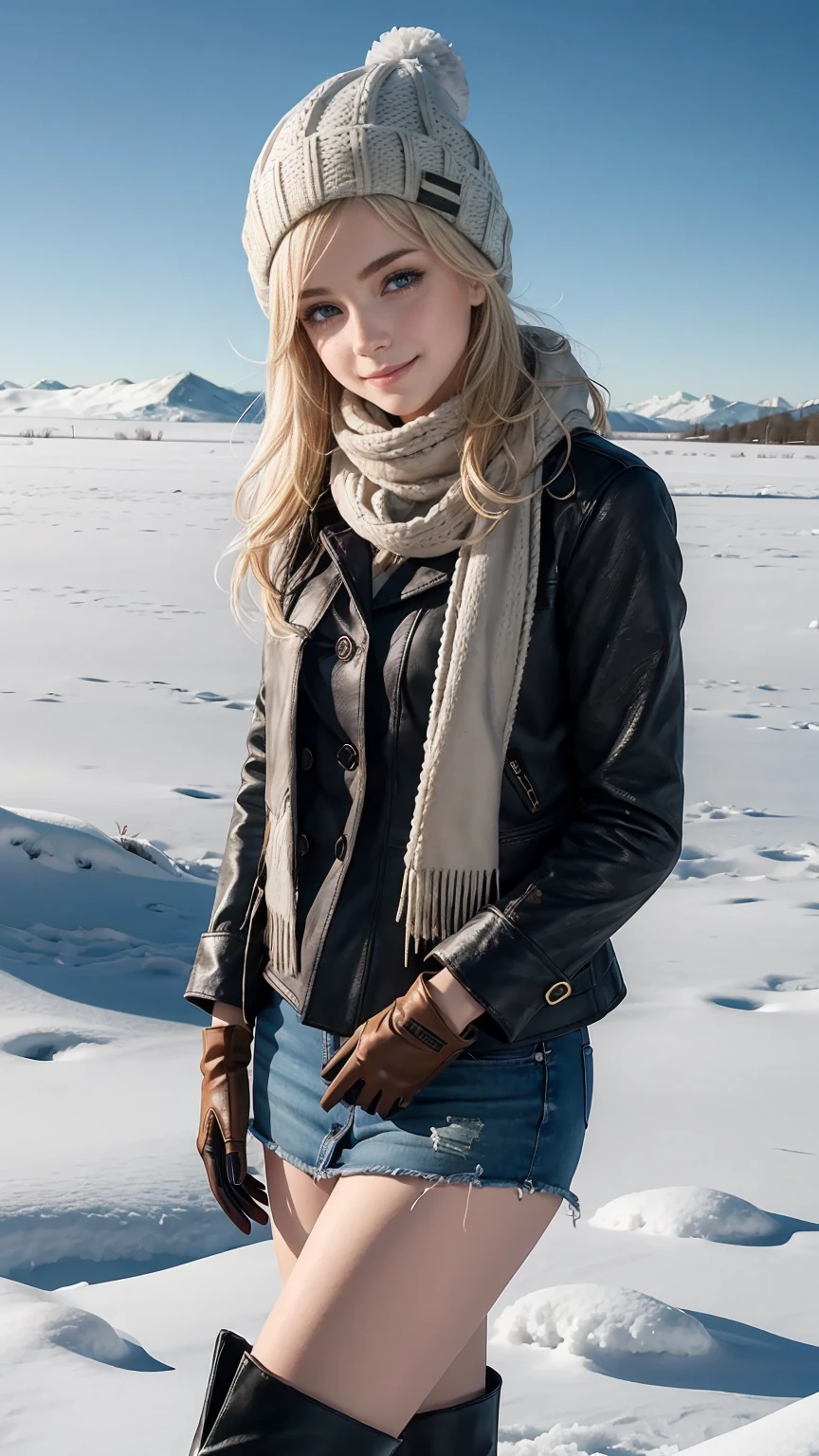 25-year-old Caucasian woman、platinum blonde、blue eyes、semi-long、my hair is wavy、smile、slim muscular body、I don&#39;t want my head to disappear from the screen.、Wearing polar winter clothing、Being in a snowy field、wearing a woolen hat、I&#39;m wearing a muffler、looking sideways、I'm wearing long boots、wearing mitten gloves