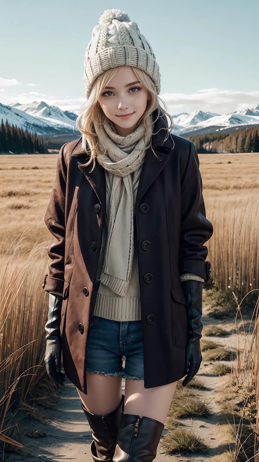 25-year-old Caucasian woman、platinum blonde、blue eyes、semi-long、my hair is wavy、smile、slim muscular body、I don't want my head to disappear from the screen.、Wearing polar winter clothing、Being in a snowy field、wearing a woolen hat、I'm wearing a muffler、looking sideways、I'm wearing long boots、wearing mitten gloves