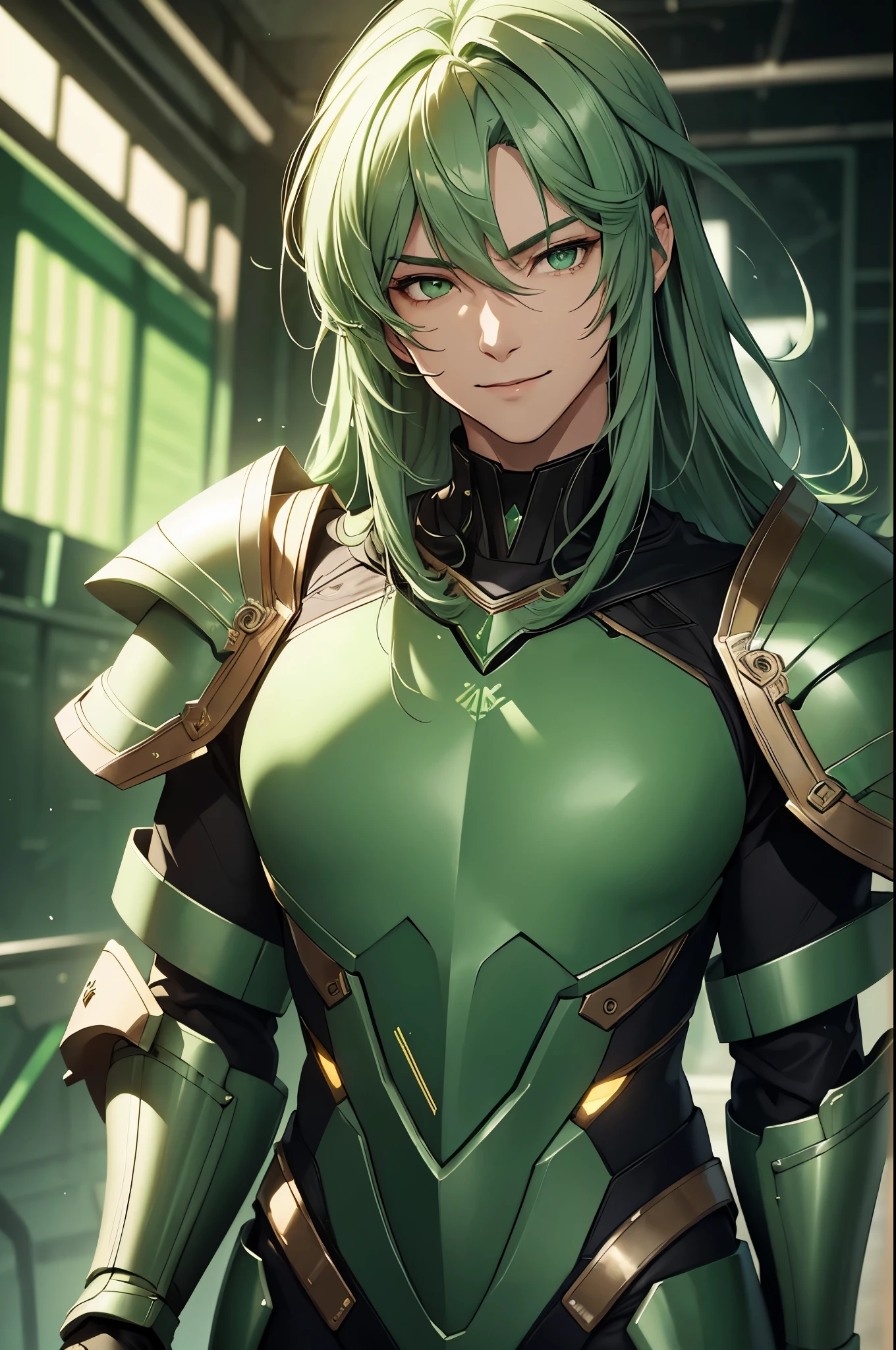 (masterpiece, Best Quality, absurdres, 8K resolution), raytracing, depth of field, Hyper Detailed, ((Solo Boy)), Handsome, Seductive smile, libido boy, long green hair, mint green, silver eyes (((green armor, science fiction))), (((background desert))),(neonlight, Vibrant glow, Dynamic color, Vivid Contrast, shiny reflective surfaces), cowboy shot, looking at viewer, upper body