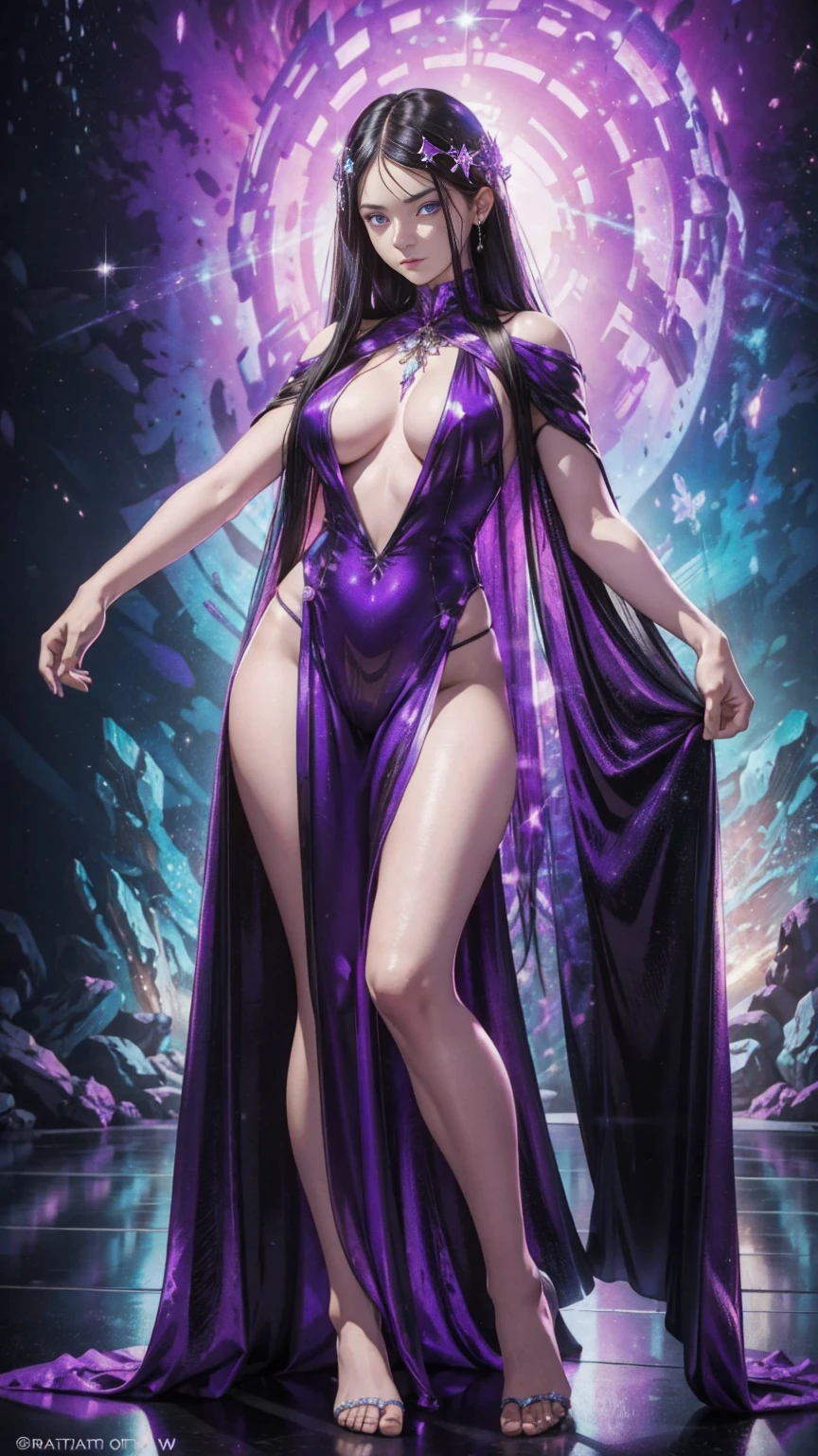 An ultra-realistic and ultra-detailed ((full body portrait)) of a gorgeous  caucasian celestial goddess, barefoot with long black hair, (silver eyes), ((small breasts)) wearing (torn and ripped) purple silk lingerie, Striking a ((Sexy Pose)), Galactic Clouds everywhere adorned with vivid chemiluminescent stars and galaxies floating through the cosmos, Atmospheric, radiating luminous cosmic energy, multicolored, vibrant lighting, visually stunning, surreal, epic, legendary, radically fantastic, sharp uhd, dof, 8k resolution, enhanced-realism, hyper-photorealism.