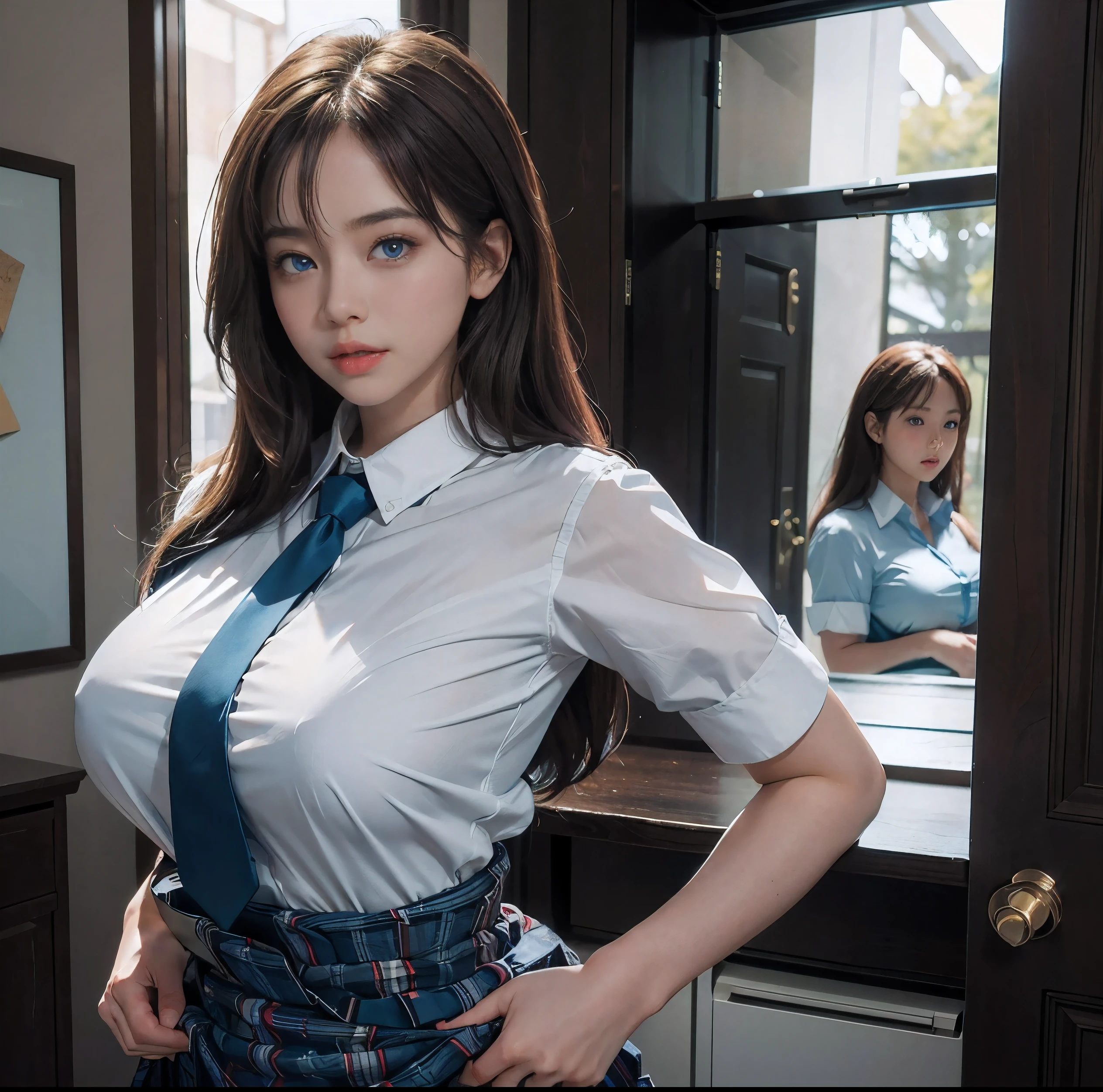 Highest image quality、8K quality、masterpiece、professional writing、（Two big breasted women are standing：1.3）、（Super big breasts compressed with clothes：1.5）、Whitening skin、Shining blue eyes、（A tight pure white shirt that completely covers her huge breasts:1.4)、Crimson Ribbon Tie、Amazingly short super mini pleated tartan check skirt、(The upper body is hidden by the shirt and no skin is visible.:1.5)、(slim waist:1.2)、above the knee、Skirtliftv1、(Beautiful butt:1.5)、(Straight front composition:1.3)