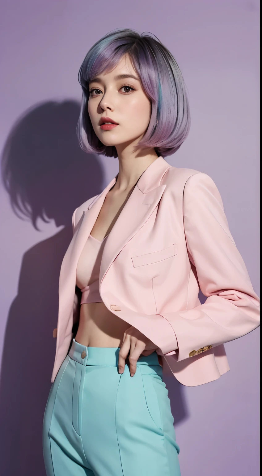 Vogue style photoshoot, Clarity, 4k, 8k, detail, actual, Beautiful Girl, wear pastle blazer, pastle pants, black lips, pink and blue mullet haircut, Perfect body, thigh, stand, pose standing, medium chest, Wes Anderson style, pastle color background in Wes Anderson style