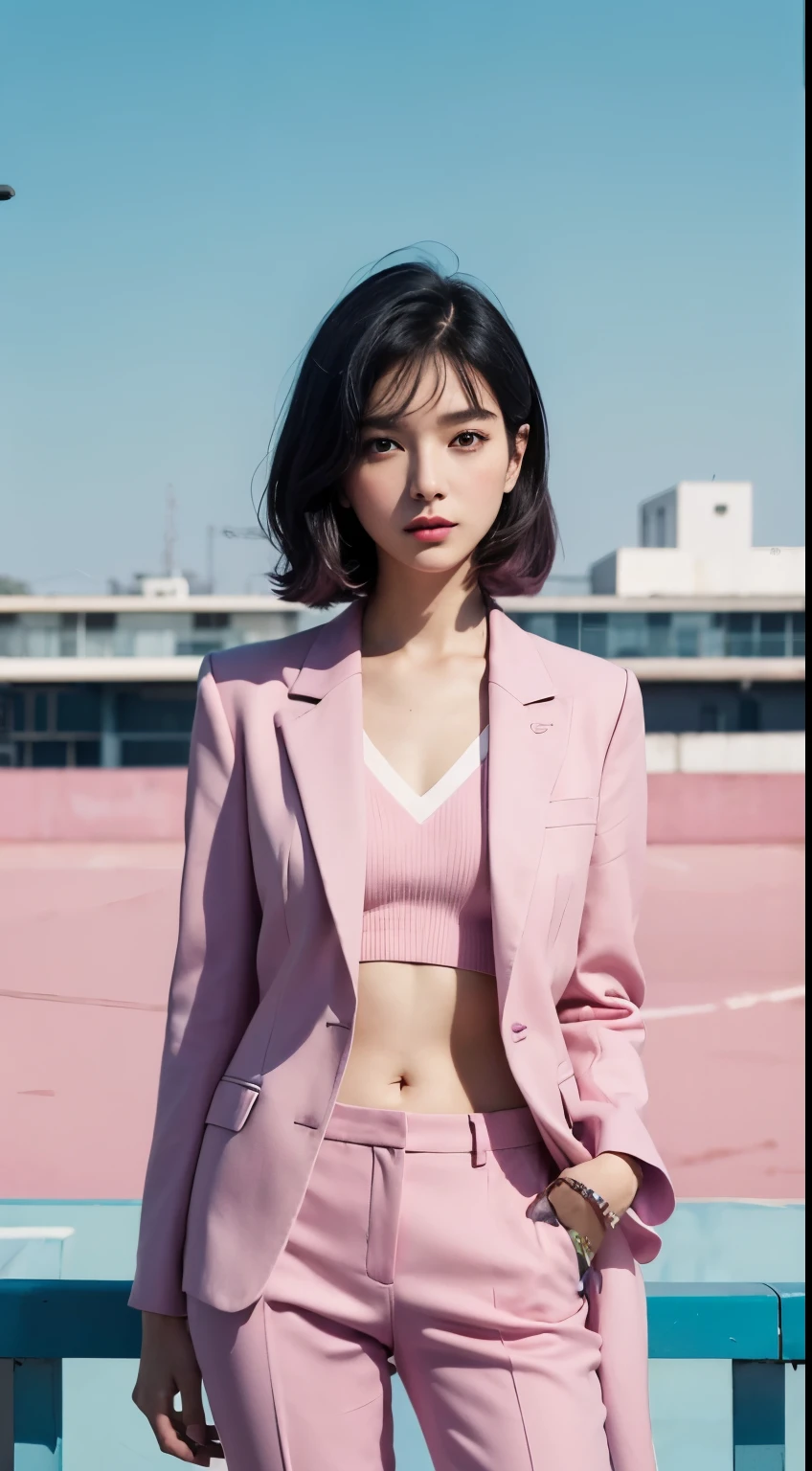 Vogue style photoshoot, Clarity, 4k, 8k, detail, actual, Beautiful Girl, wear pastle blazer, pastle pants, black lips, pink and blue mullet haircut, Perfect body, thigh, stand, pose standing, medium chest, Wes Anderson style, pastle color background in Wes Anderson style