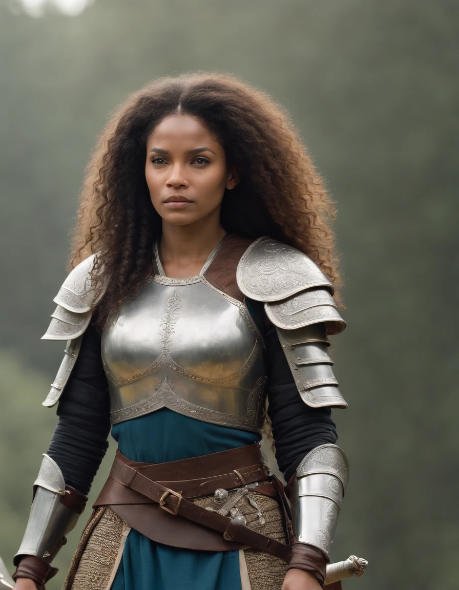 A full-length Amazon woman, strong and proud, wearing armor and a sword, long curly afro hair, looking with determination towards the horizon