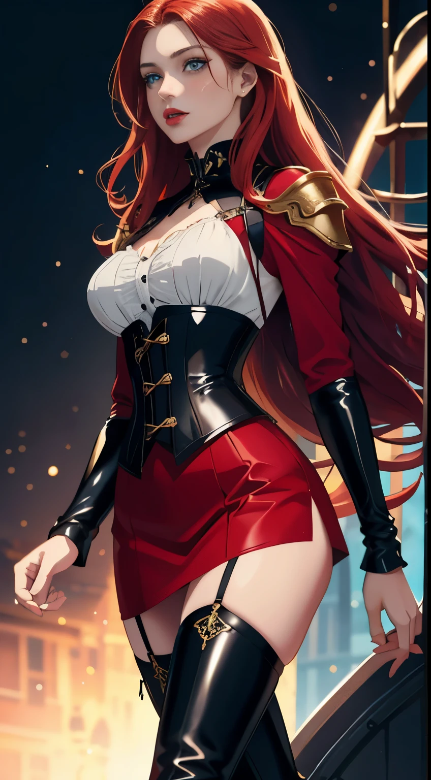 ingrid,large breasts,erected nipples,mature female, (dark-skinned female:1.2), dark skin, determined, pink red hair, Gorgeous wavy hair,Soft tendril hair, hair intakes, makeup, lipstick, (mole under mouth:0.8), eyelashes, yellow eyes,military uniforms, military academies, heroic,ultra miniskirt,cloaks,(no panties:1.2), outdoors,strong wind, old castle,(highres, high quality:1.1), intricate details, cinematic lighting, 1girl,(cool beauty),(metal collar),