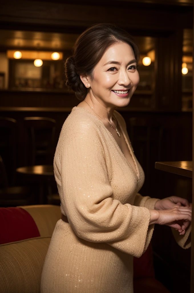 best quality, ultra detailed, masterpiece, 16K, bar, old woman, smiling, standing, arms crossed, looking at viewer, half updo, brown hair, big eyes, pale skin, wrinkles skin, detailed face, detailed skin, glamorous, voluptuous, red high slit dress, piercing, necklace, (high heels), beauty mark, delicate facial features, curvy, elderly, japanese, inside, in the bar, with a sofa, at night, ultra realistic photo, hyperrealistic photo, realism, real person, cowboy shot, from front, wide view, wide shot, intense wide shot, extreme wide shot