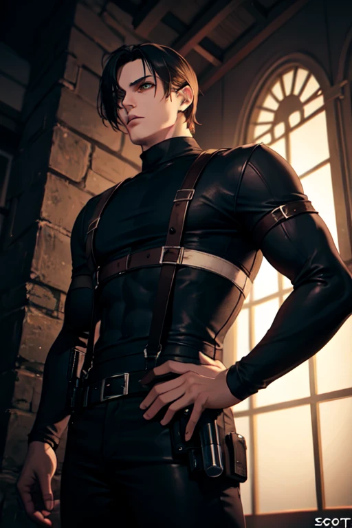 ((best quality)), ((masterpiece)), (detailed), perfect face , Raccooncity in the background, Leon Scott kennedy Resident Evil 4 26 year old, Fitness male, tall and hunk, black cold turtleneck, black trousers, suspenders, earpiece, belt,hanging a handgun on the hand, handsome, video games style, high resolution:1.2, best quality, masterpiece, (dark:1.2), (nightime:1.5), dark atmosphere, shadows, upper body shot , zombie in background