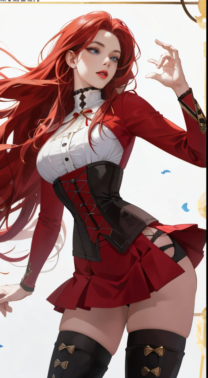Rias Gremory is a crimson-haired character, her long strands fall elegantly down her back, contrasting with her pale skin and mesmerizing amber eyes, beautiful slender body. She exudes confidence and charm with her haughty posture. Wearing a tailored red school uniform, her pleated skirt falls in harmony with her open fitted white blouse. A black ribbon tied around her neck complements the ensemble, highlighting her aura of authority and sophistication. Her accessories include black gloves that highlight her delicate hands. , in high resolution, detailed, HD quality.