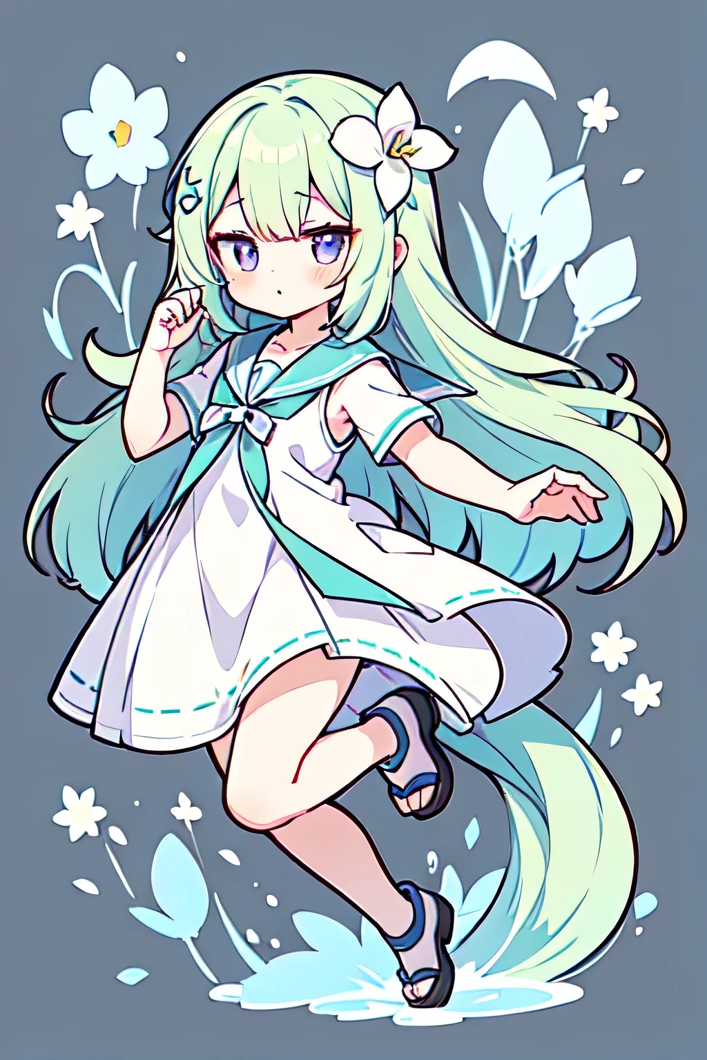 light pastel green hair with light yellow ombre, side parted hair, a bit mature cute girl, round eyes, purple eyes, no pixelated eyes, lily of the valley hair ornament, flower fairy, dirty tattered one piece dress, gshostly, greyish color pallete, clevage, backlight, dynamic pose, hand on cheek, sailor dress, fantasy background, long flowy hair, vtuber, full body