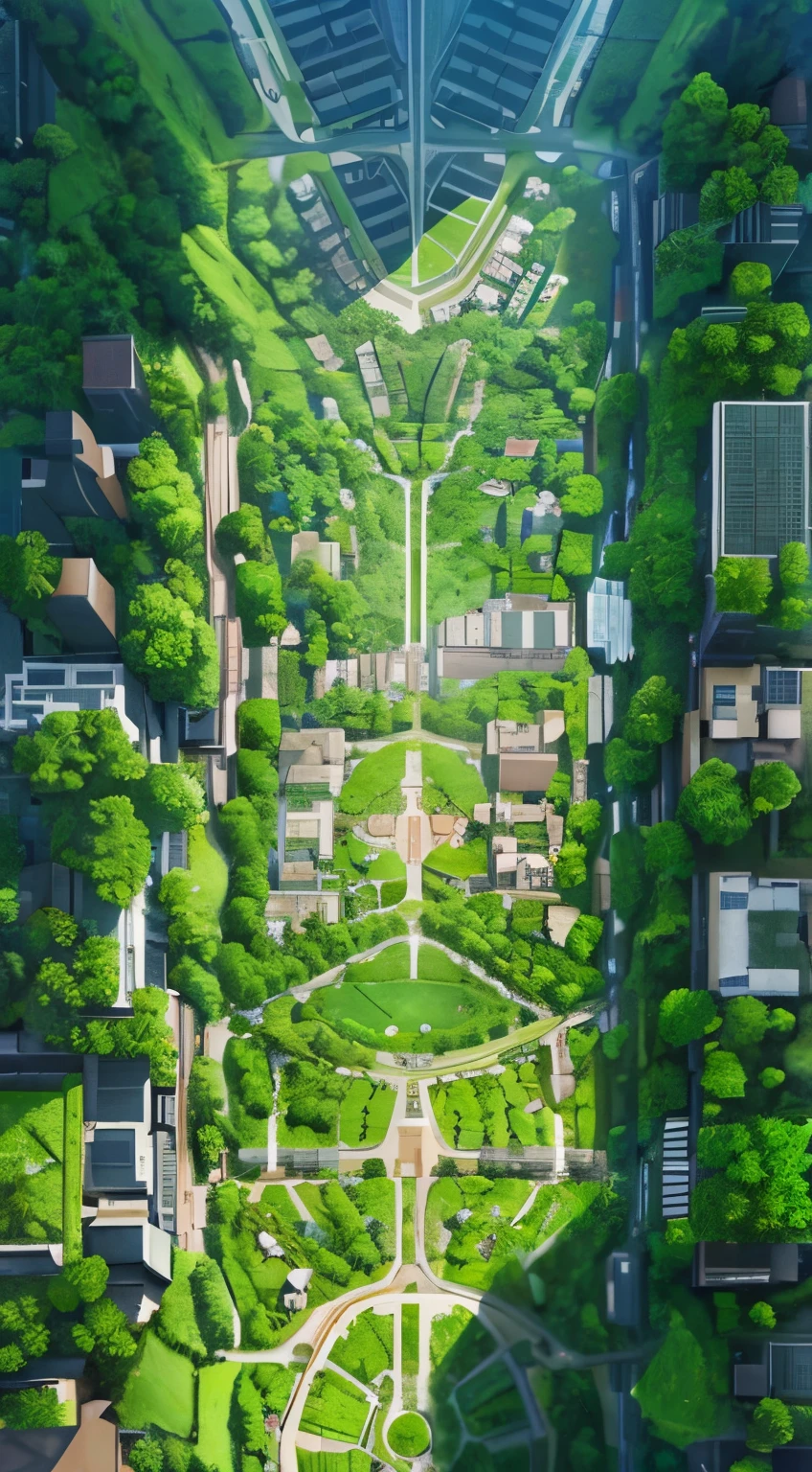 Escher style, hexagon shapes form rivers, and streets in the city, blend from nature to cityscape