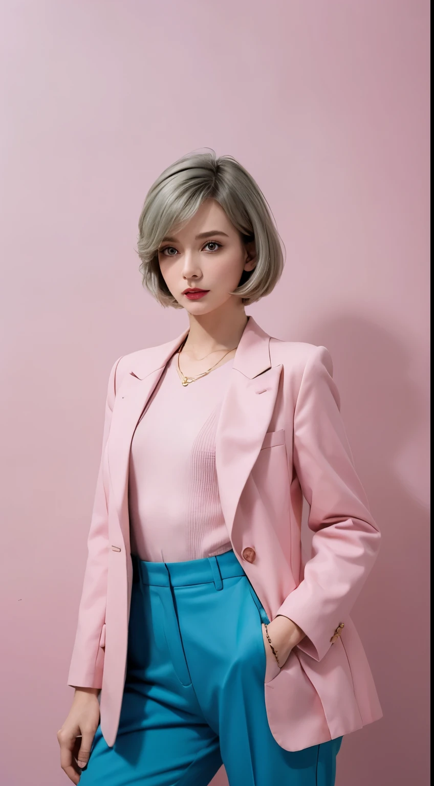 Vogue style photoshoot, Clarity, 4k, 8k, detail, actual, Beautiful Girl, wear pastle blazer, pastle pants, black lips, pink and blue mullet haircut, Perfect body, thigh, stand, pose standing, medium chest, Wes Anderson style, pastle color background in Wes Anderson style