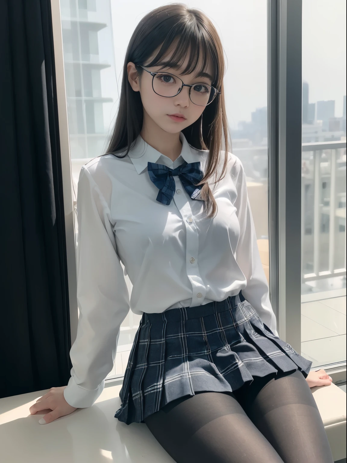 (I can see my underwear)、((細いeye))、((細いeye))、((細いeye))、(8K、生photographgraphy、highest quality、masterpiece:1.2),、small、(flat chest)、(flat chest)、(flat chest)、(flat chest)、(flat chest)、(Are thin)、Fair skin、Whitening、dark look、skinny,sex appeal,Fair skin肌,Saucy,School,looking at the viewer,looking straight ahead,high-pitched clothes,erotic,students,white skin,knees,(((black pantyhose)),((black pantyhose))),disorganized,(small face),(small face),I can see the forehead,Bangs hanging from the left and right sides of the forehead,(cold look,eyeがきつめ,glare,bullish,anger)、masterpiece,highest quality、ultra high resolution,生photograph,beautiful,beautiful,There is only one person, solo,Glasses,,dark look,small breasts same,full body,(まるGlasses),JK uniform,high school girl,japanese woman, (photorealistic:1.37)、photon mapping,Reality、beautiful woman,cute baby face,ブラウンeye、black socks、(red bow tie)、radio city、Physically based rendering、depth of field rally background、photograph,body,beautiful feet, long legs, thin legs,(I can see my bangs), Hairy pubic area, lips, blue_eye, nose soft,(light blue dress shirt), (Navy, blue and white plaid pleated skirt), kneesが見える,transparent clothing,, Peaches, black cotton socks,Nogizaka Idol, , japanese idol
