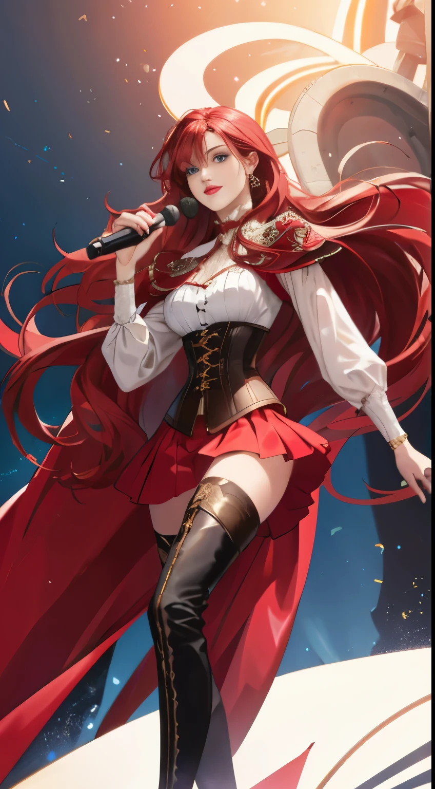 8k, best quality, masterpiece, highly detailed, semi realistic, a girl, young female, simple background, 20 years old, absurdly long red hair, hair between eyes, beautiful clothes, blue eyes, medium breast, red lips, gorgeous clothes, corset, slim figure, cool expression, skinny long skirt, thigh high boots, singing,
