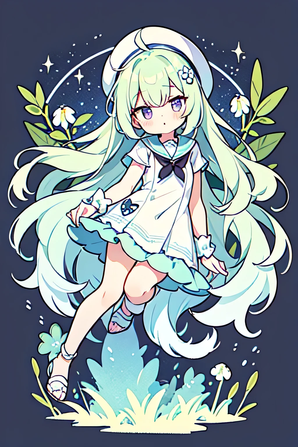 light pastel green hair with light yellow ombre, side parted hair, a bit mature cute girl, round eyes, purple eyes, no pixelated eyes, lily of the valley hair ornament, flower fairy, dirty tattered one piece dress, gshostly, greyish color pallete, dynamic pose, hand on cheek, sailor dress, stars background, long flowy hair, vtuber, full body