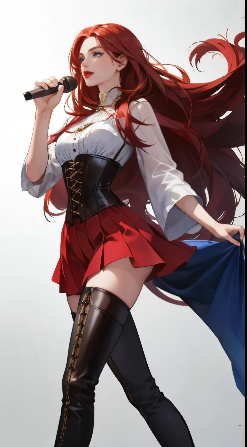 8k, best quality, masterpiece, highly detailed, semi realistic, a girl, young female, simple background, 20 years old, absurdly long red hair, hair between eyes, beautiful clothes, blue eyes, medium breast, red lips, gorgeous clothes, corset, slim figure, cool expression, skinny long skirt, thigh high boots, singing,