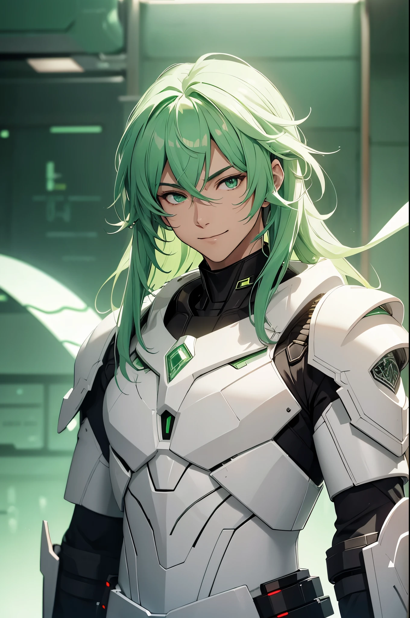 (masterpiece, Best Quality, absurdres, 8K resolution), raytracing, depth of field, Hyper Detailed, ((Solo Boy)), Handsome, Seductive smile, libido boy, long green hair, mint green, (((white armor, science fiction))), (((background desert))),（neonlight, Vibrant glow, Dynamic color, Vivid Contrast, shiny reflective surfaces), cowboy shot, looking at viewer, upper body