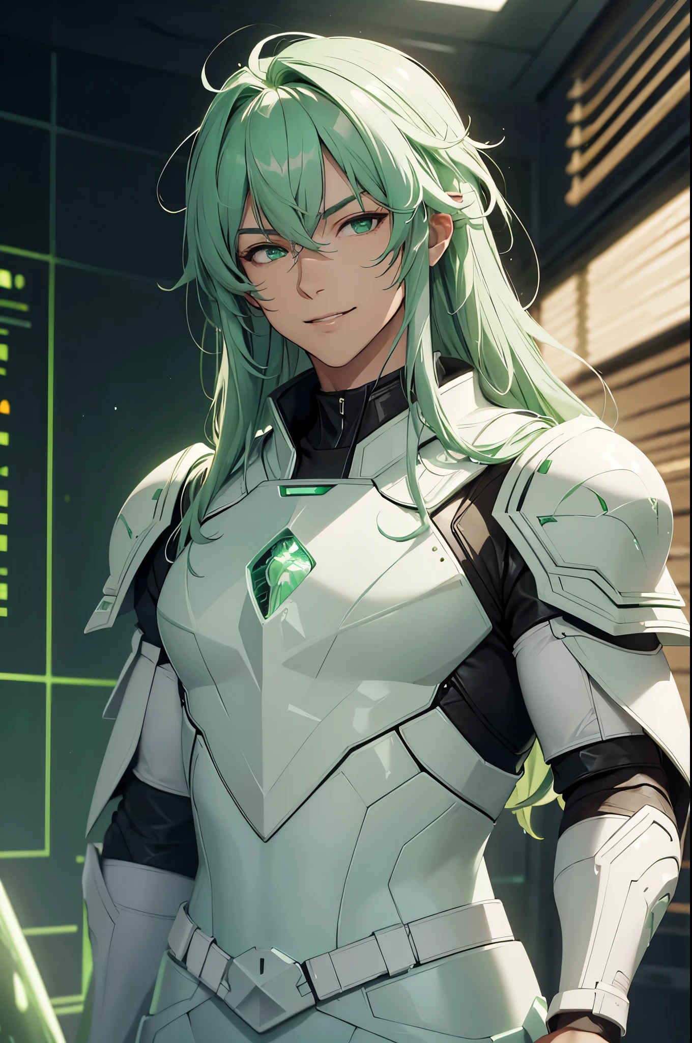 (masterpiece, Best Quality, absurdres, 8K resolution), raytracing, depth of field, Hyper Detailed, ((Solo Boy)), Handsome, Seductive smile, libido boy, long green hair, mint green, (((white armor, science fiction))), (((background desert))),(neonlight, Vibrant glow, Dynamic color, Vivid Contrast, shiny reflective surfaces), cowboy shot, looking at viewer, upper body