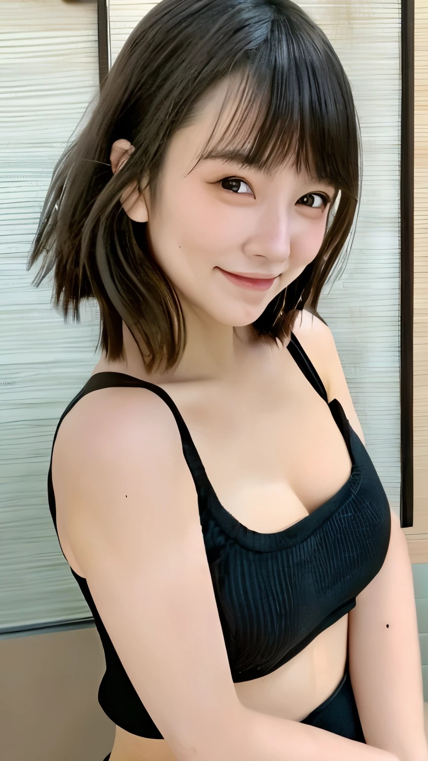 Sexy Japanese girl, Round eyes, Blush, Smile, Parted lips, sexy black top