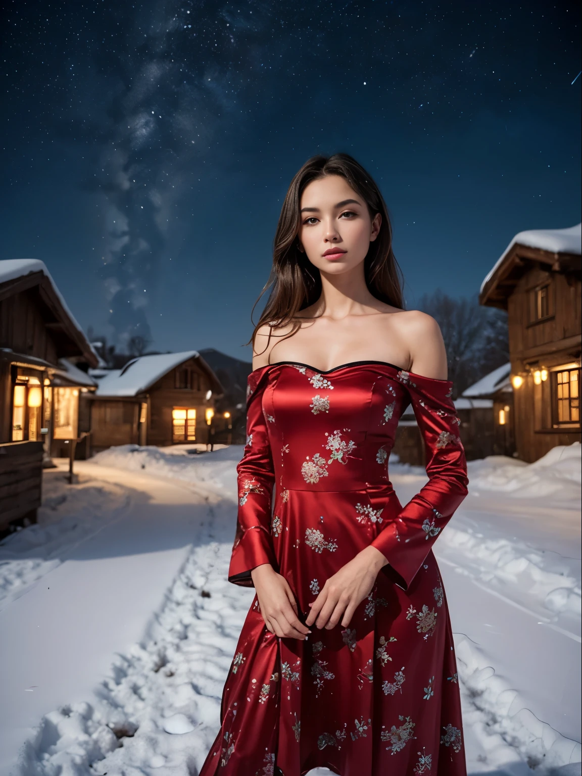 Masterpiece, UHD. One ultra hot gorgeous European woman, age 23, Wearing a cheongsam, a miniskir. 35mm lens, F/1, Cowboy Shot, (off shoulders:1.3) in a snowy village landscape. Winter starry night. Northern lights.