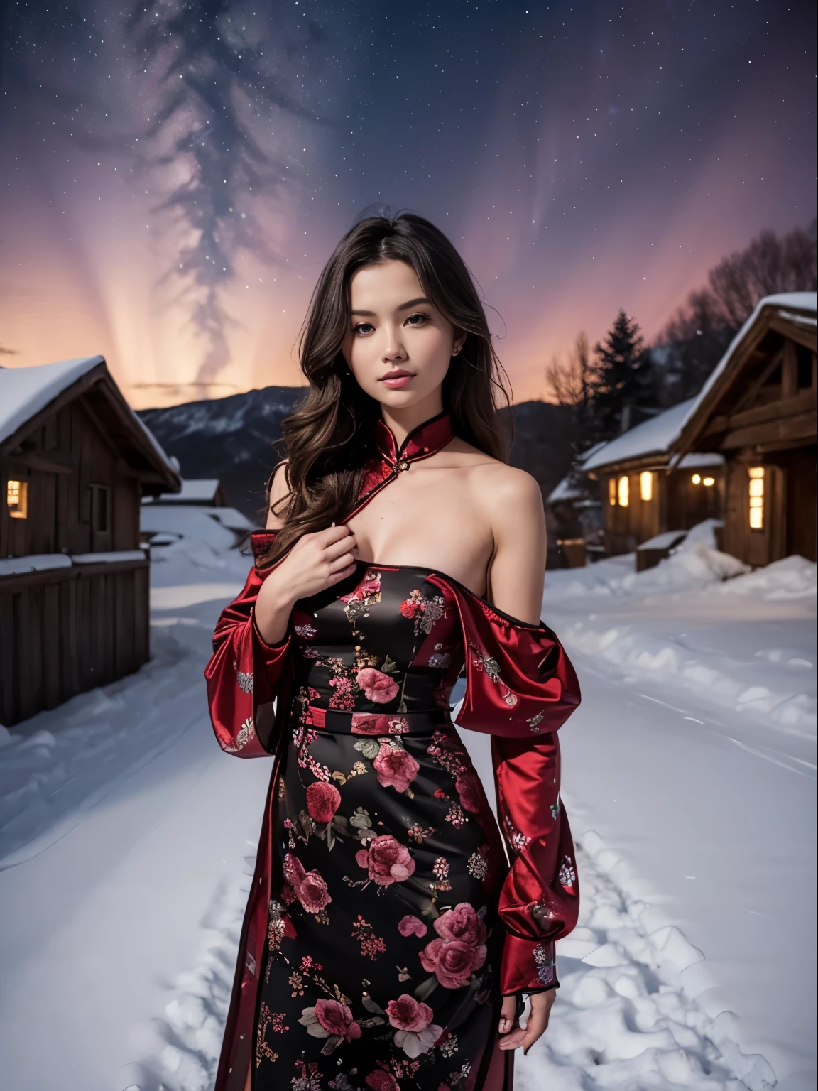 Masterpiece, UHD.  One ultra hot gorgeous European woman, age 23, Wearing a cheongsam, a miniskir. 35mm lens, F/1, Cowboy Shot, (off shoulders:1.3) in a snowy village landscape. Winter starry night. Northern lights.