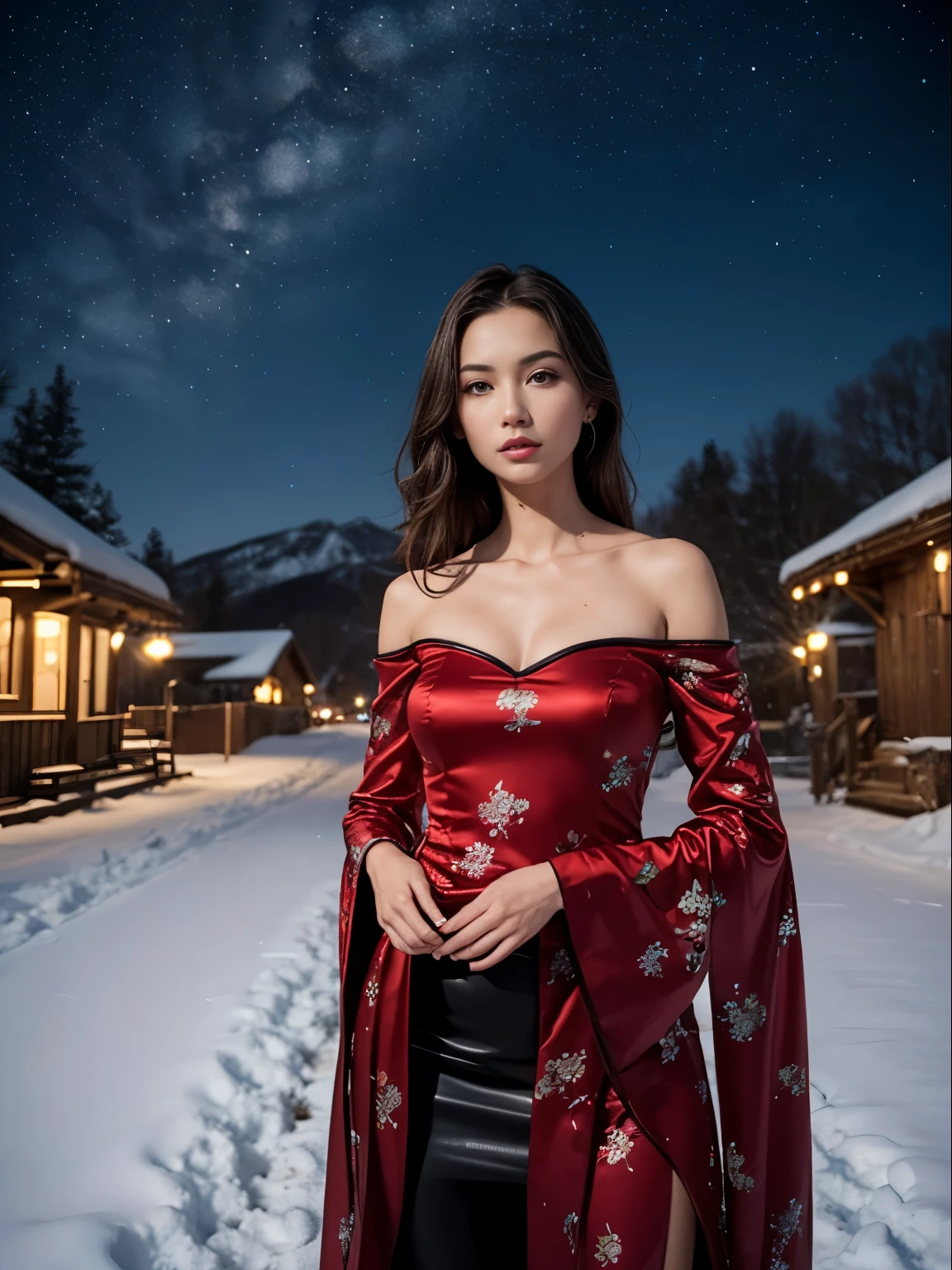 Masterpiece, UHD. One ultra hot gorgeous European woman, age 23, Wearing a cheongsam, a miniskir. 35mm lens, F/1, Cowboy Shot, (off shoulders:1.3) in a snowy village landscape. Winter starry night. Northern lights.