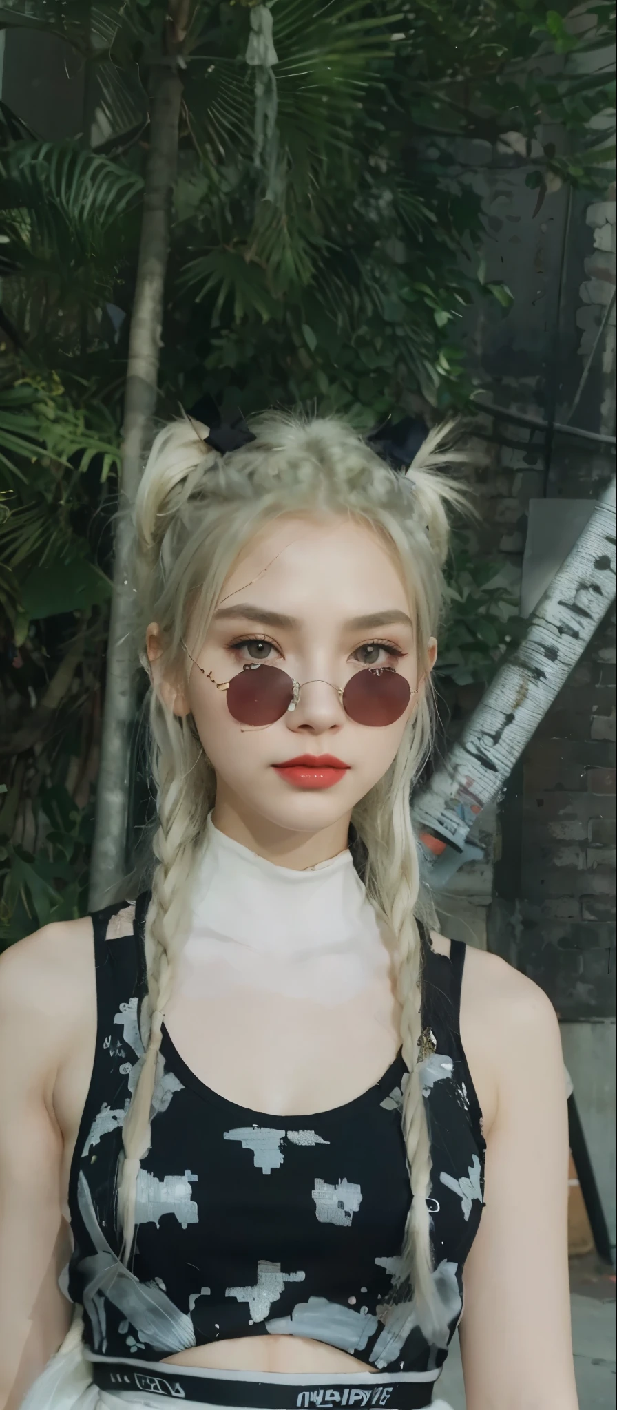 Beautiful girl college student，masterpiece，Light makeup，red lips，silver hair，messy long hair，street background，beautiful，grace。Super fine detail，work，Authentic texture，Realistic movie lighting，完美的work，8k，HD，Exquisite facial features，White skinny turtleneck top，White skinny shorts，slim