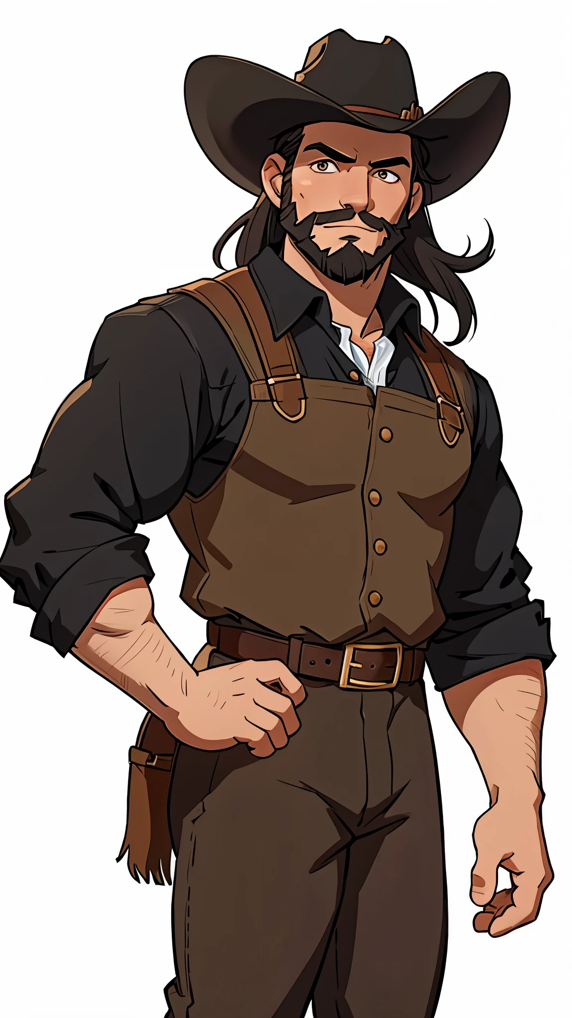 1 caucasian Man solo, solo.he has a short black beard and he has black flowing hair. Cowboy. Western outfit. White background