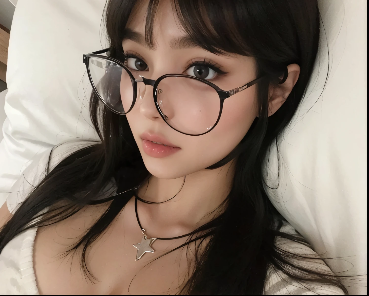(Ultra high quality, 4k) Young girl sleeping in bed, short black detailed hair, wearing pink bra and pink underwear, wearing white glasses, (big nice breast), normal light pink lips, big breast, looking at us, close up screen, close up view