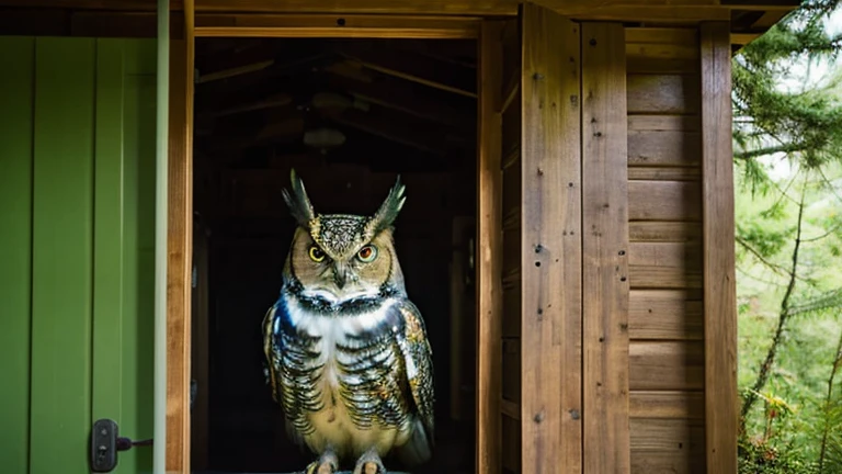When you open the door,There&#39;s a forest on the other side of the door,A giant horned owl is looking at us,Photo-like high quality