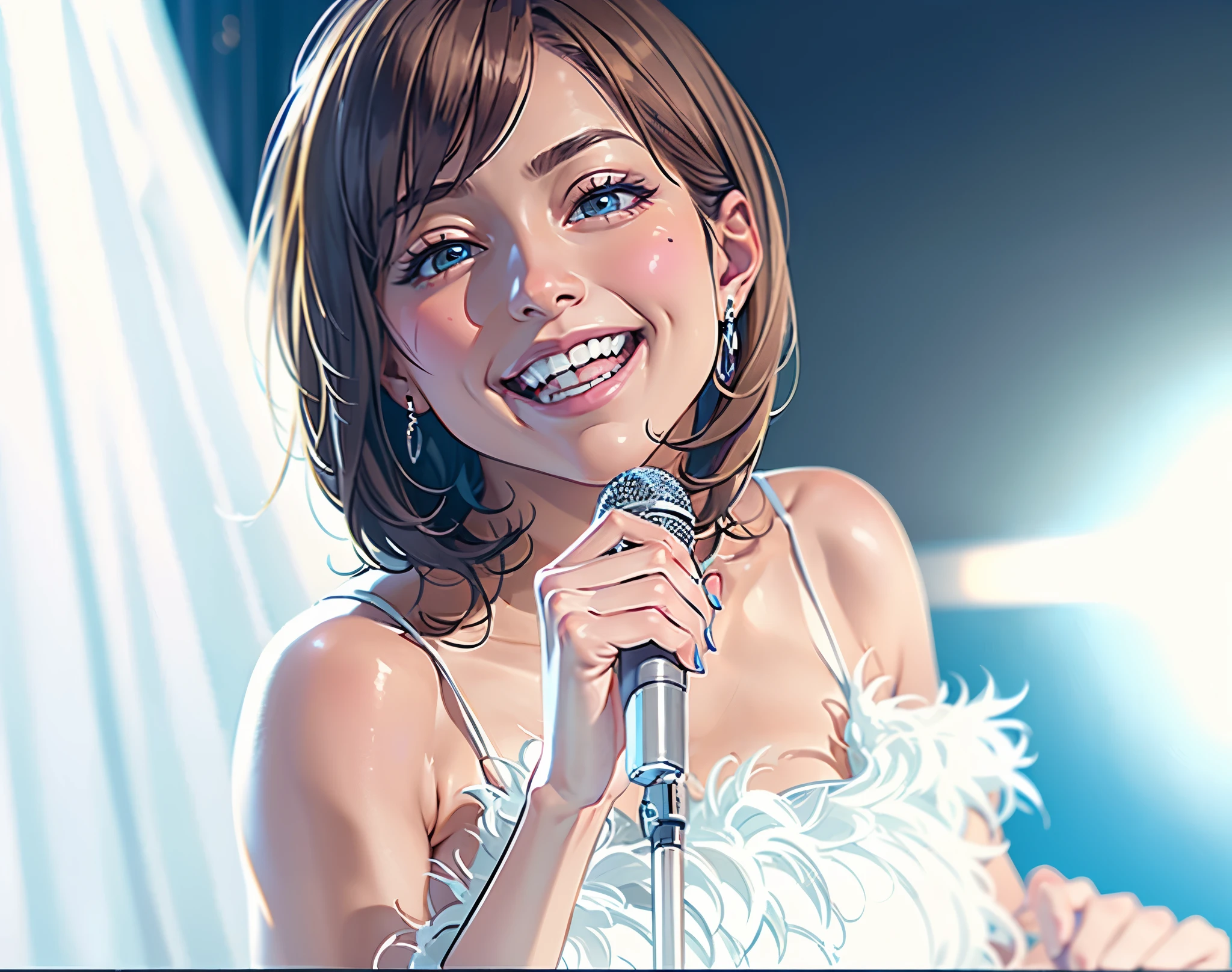 (table top), sexy、Natural light, realistic diffused glow, professional lighting、Big eyes、eyes are blue、blonde、Russian、Live venue、microphone on right hand、big smile、A little scream、wrinkles between eyebrows、white fur dress、