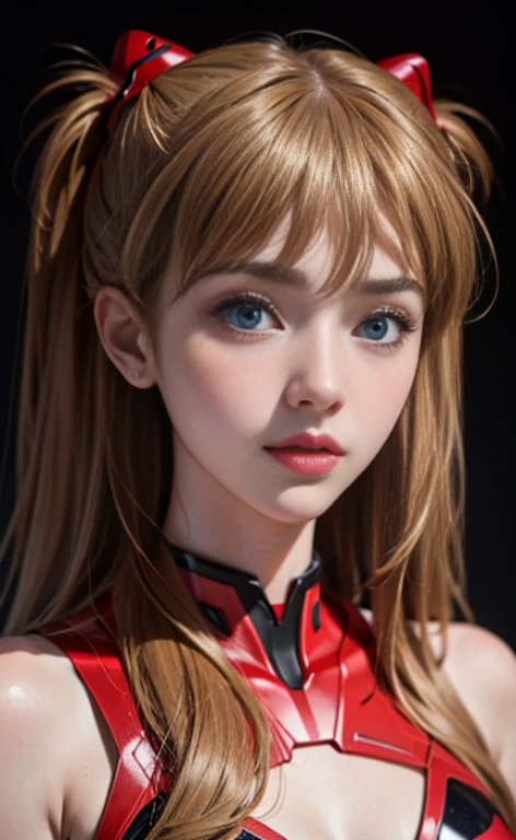 (masterpiece:1.4、highest quality)、(intricate details)、Unity8k wallpaper、super detailed、Beautiful and mysterious、detailed background、realistic、solo、perfectly detailed face、detailed blue eyes、very detailed、blush、hair ornaments、chignon mahogany hair、(blonde hair)、Plug suit 02,Shikinami Asuka Langley、Evangelion、look at the camera、facing the front、cute、full body suit、black background、big breasts