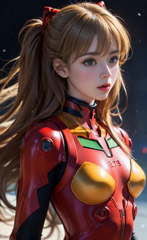 (masterpiece:1.4、highest quality)、(intricate details)、Unity8k wallpaper、super detailed、Beautiful and mysterious、detailed background、realistic、solo、perfectly detailed face、detailed blue eyes、very detailed、blush、hair ornaments、chignon mahogany hair、(blonde hair)、Plug suit 02,Shikinami Asuka Langley、Evangelion、look at the camera、facing the front、cute、full body suit、black background、big breasts