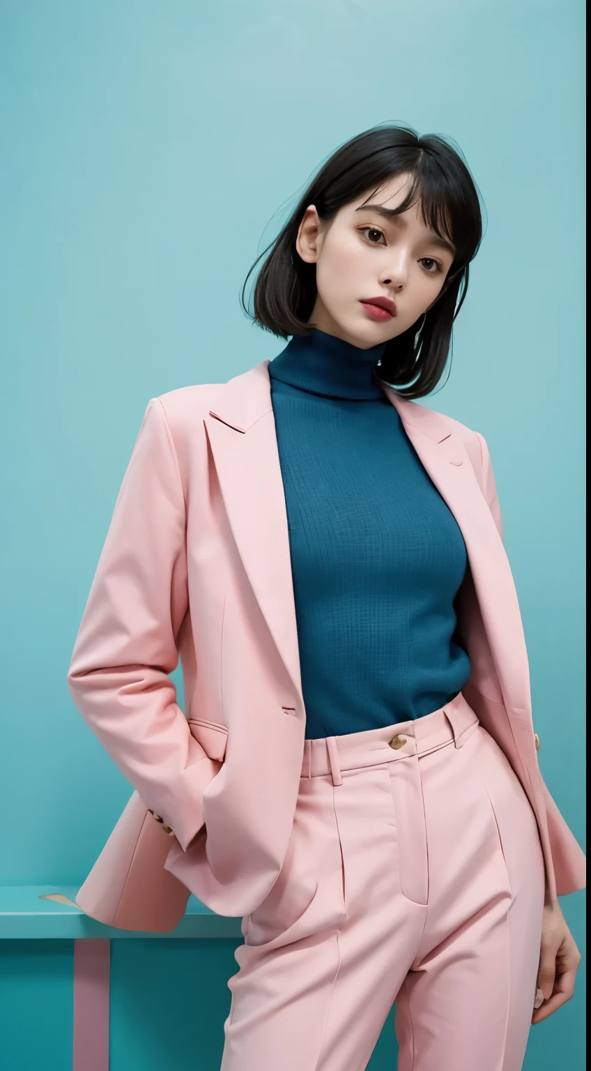 Vogue style photoshoot, Clarity, 4k, 8k, detail, actual, Beautiful Girl, wear pastle blazer, inner wear, pastle pants, black lips, pink and blue mullet haircut, Perfect body, thigh, stand, pose standing, medium chest, Wes Anderson style, pastle color background in Wes Anderson style