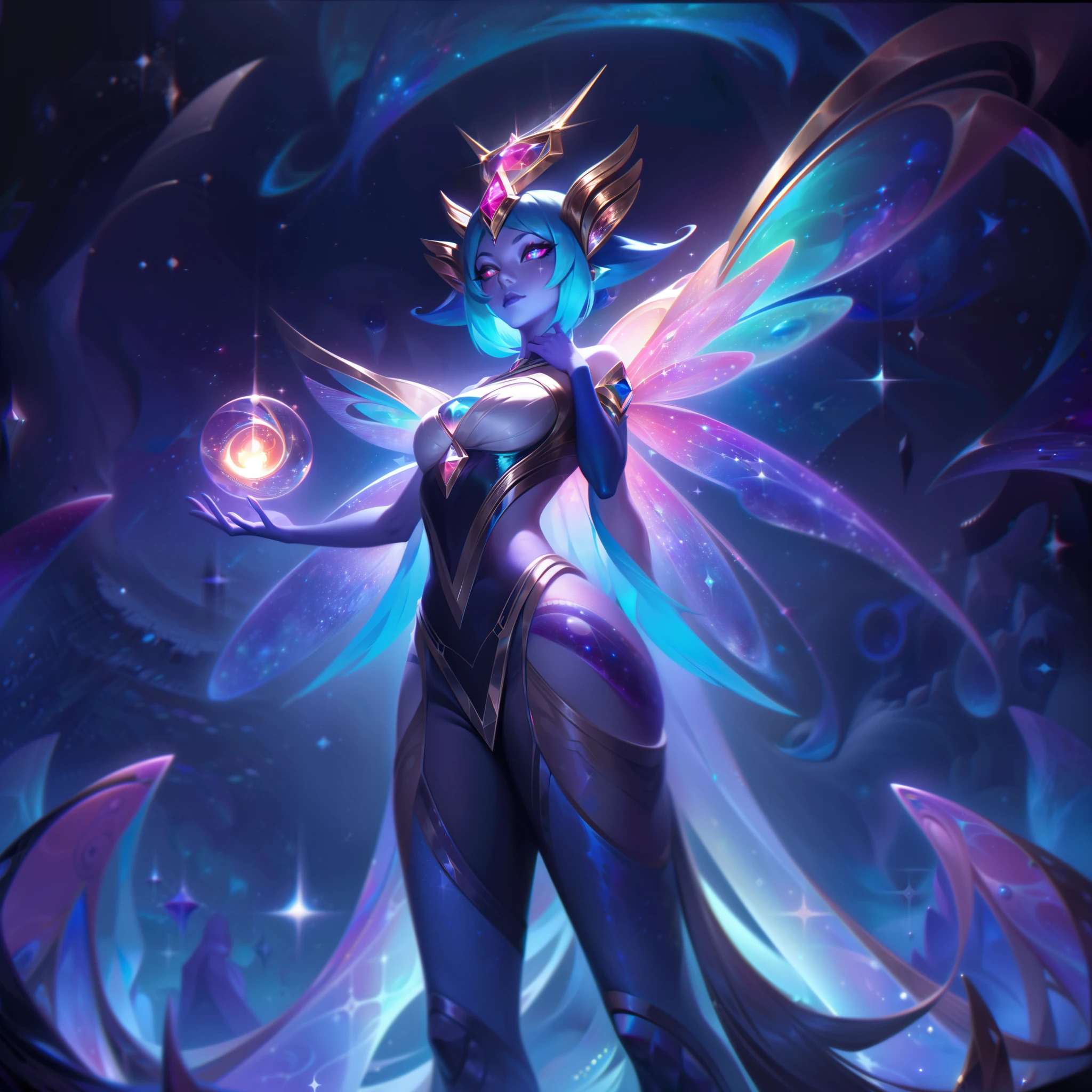 The Legendary Skin "Cosmic Sprite Baembi" takes the Forest Sprite into an awe-inspiring cosmic realm, transforming her into a celestial entity of immense power and wonder.
In the splash art, Baembi's appearance undergoes a breathtaking cosmic transformation. She now stands as a luminous and ethereal being, adorned with celestial motifs and glowing stardust. Her wings shimmer with stardust trails, signifying her celestial connection.
Her clothing now reflects the grandeur of the cosmos, featuring intricate patterns of stars and galaxies, symbolizing her affinity with cosmic forces.
Baembi's eyes gleam with cosmic energy, conveying a sense of cosmic wisdom and otherworldly power. Her pose exudes celestial grace and confidence, as if she holds the secrets of the universe in her magical grasp.
In the background, a celestial spectacle unfolds, with breathtaking nebulae, swirling galaxies, and sparkling stars adding to the sense of wonder and cosmic majesty.
The color palette is a mesmerizing blend of cosmic hues, featuring deep blues, purples, and vibrant bursts of stardust, creating an enchanting and ethereal atmosphere.