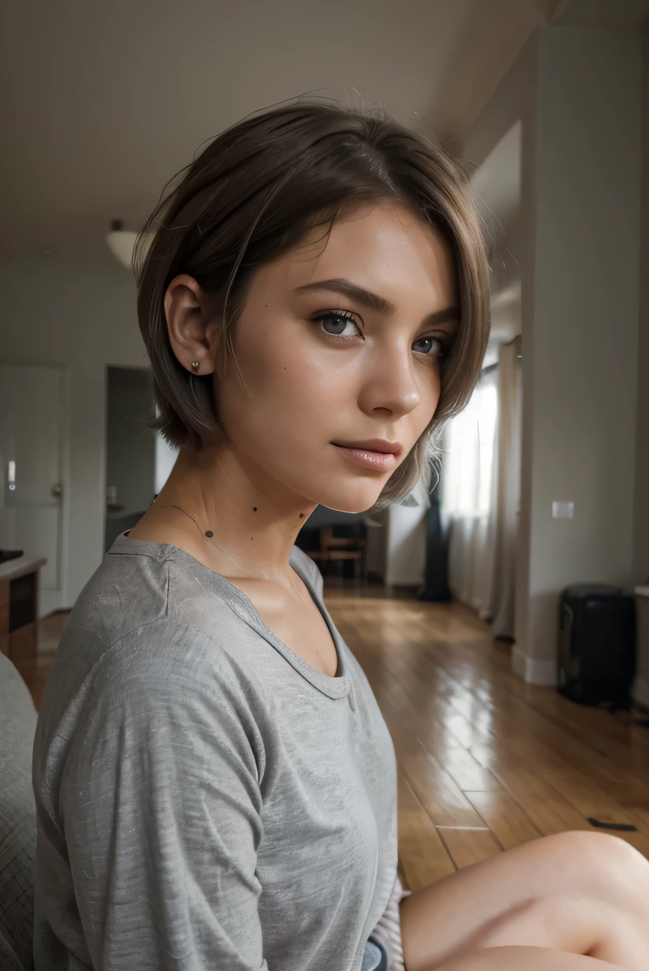 1girl, solo, looking at viewer, short bob hair, grey hair, hazel green eyes, sitting, indoors, grey shirt, lips, realistic, beautiful nails, beautiful hands, high resolution, professional photography, profile