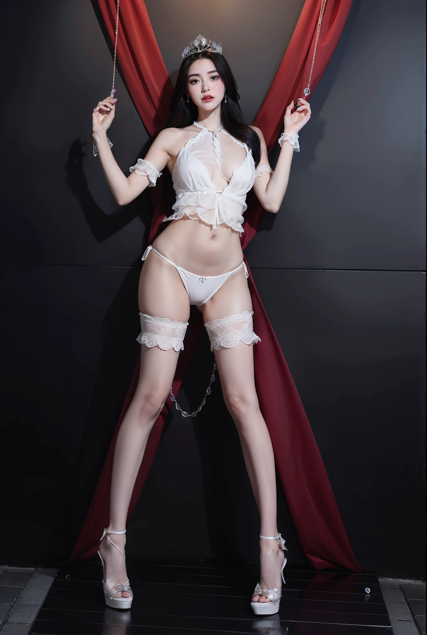 Royal sister，delicate eyes，Frozen queen，put the crown on your head，Detailed facial expressions，mature body，tall figure，number，Leg length，4K，HD，sensual，White translucent lace，Fair and plump figure，pretty face，little cherry mouth，beautiful and delicious（3D royal sister），plump butt，gloss gel coat，Vampire queen wears luxurious dress，Crystal Gem Crown，white high heels