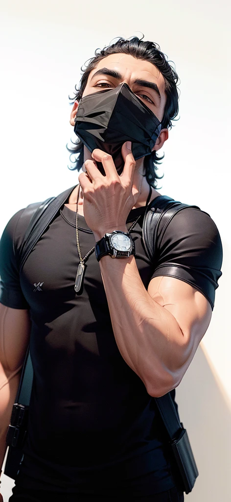 arafed man with a black mask covering his face, wearing a watch and wearing armored