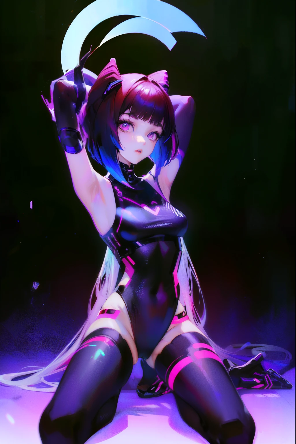 1 girl, cyberpunk, (whole body:1.1), Raise your legs high, split, perfect eyes, perfect face, Kuvshinov, (gradient background:1.2),
