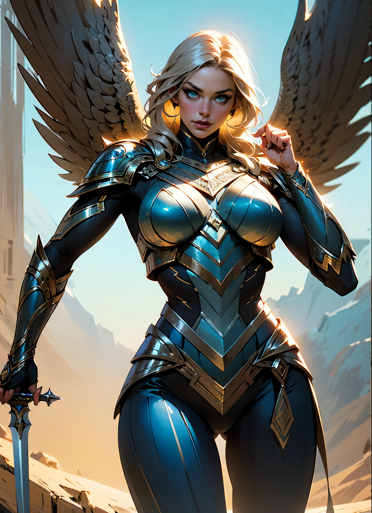 Alison Tyler as a Asgard valkyrie，blue eyes, perfect body, Senhora Cavaleiro，Anatomia correta，holding a magical big sword, epic fantasy digital art, masterpiece，8k，high-definition resolution，desenho detalhado，Qualidade Superior，, Epic composition, músculous body