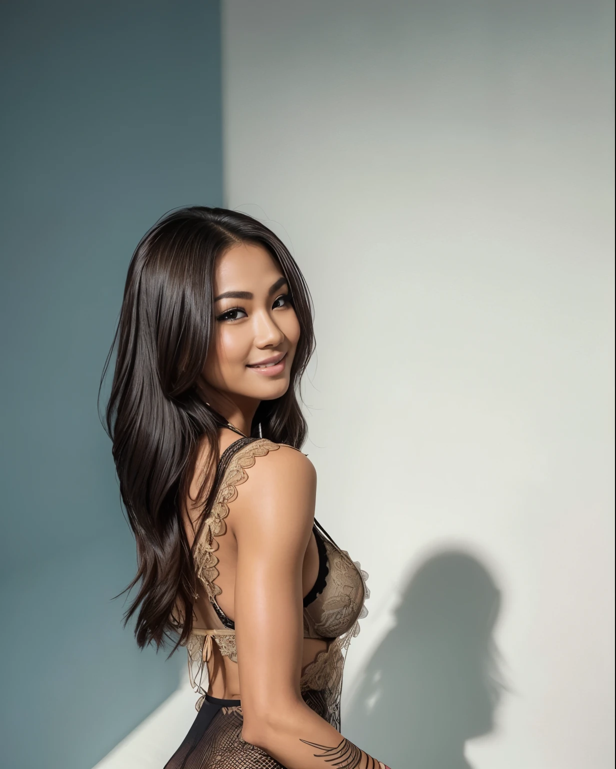 Young Thai woman, fit physique, fitness physique, wearing sexy black lingerie sitting on the couch with legs open, corps sexy, (8K), (best quality), (chef-d&#39;artwork:1.3), (Realistic), (photorealistic:1.34), Ultra-detailed, [Beautiful detailed eyes], (sourire), (sourire), (beautiful nose detailed), [very long blonde hair], (haut court), lingerie noire, (superbes seins taille normale), (Gros plan), Profondeur de champ, full body view, sitting on sofa, legs spread, montrant l&#39;entrejambe, pieds en l'air